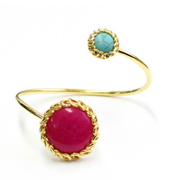 Gold Plated Gemstone Cuff Bracelet – Pink & Turquoise Open Bangle NWT - Picture 1 of 6